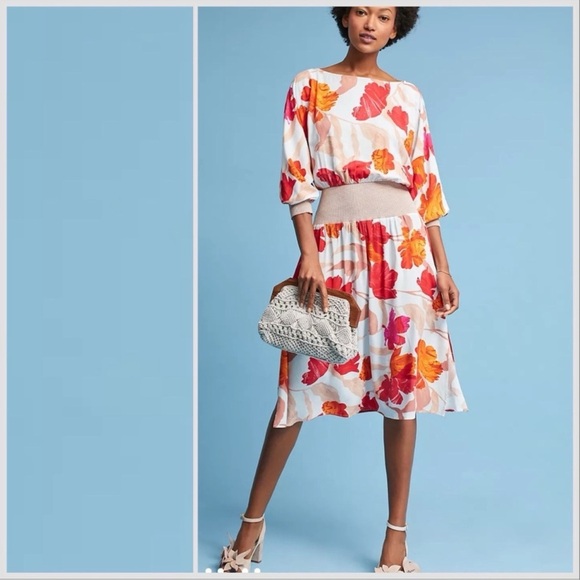 Anthropologie Maeve Orange Red Gemma Floral
Print Midi Dress size MP 100% rayon - Picture 2 of 12